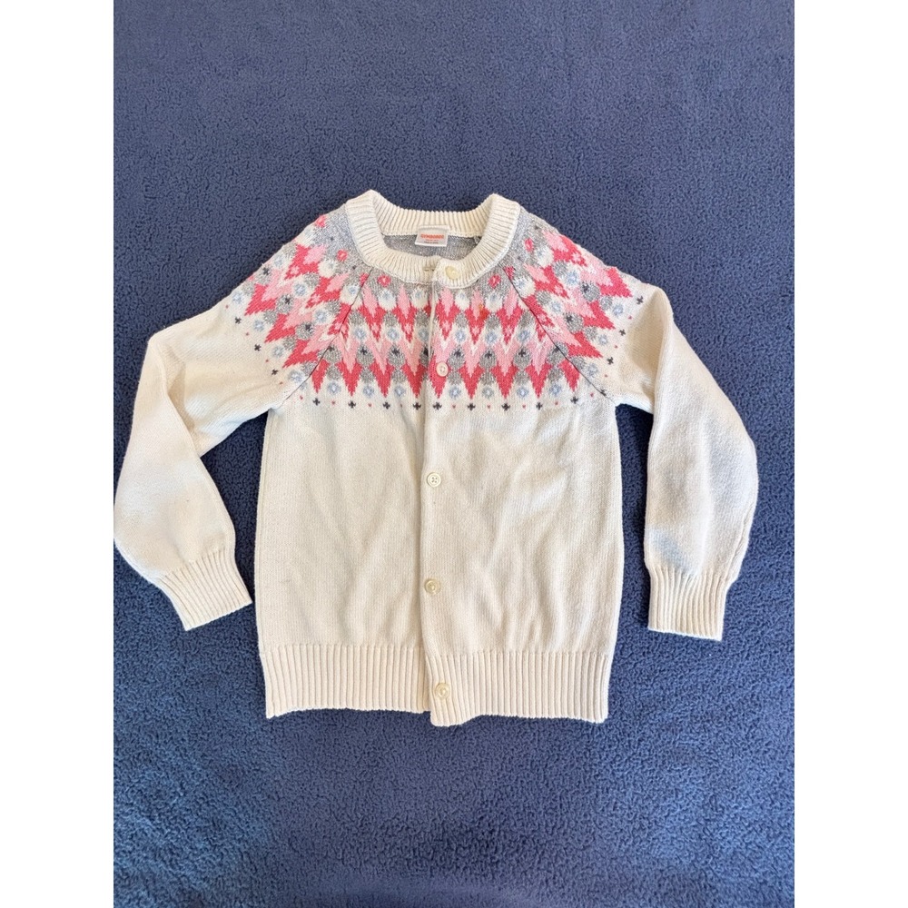 Gymboree Girls Fair Isle Cardigan Sweater Cream Pink Metallic Knit‎ Size S 5-6